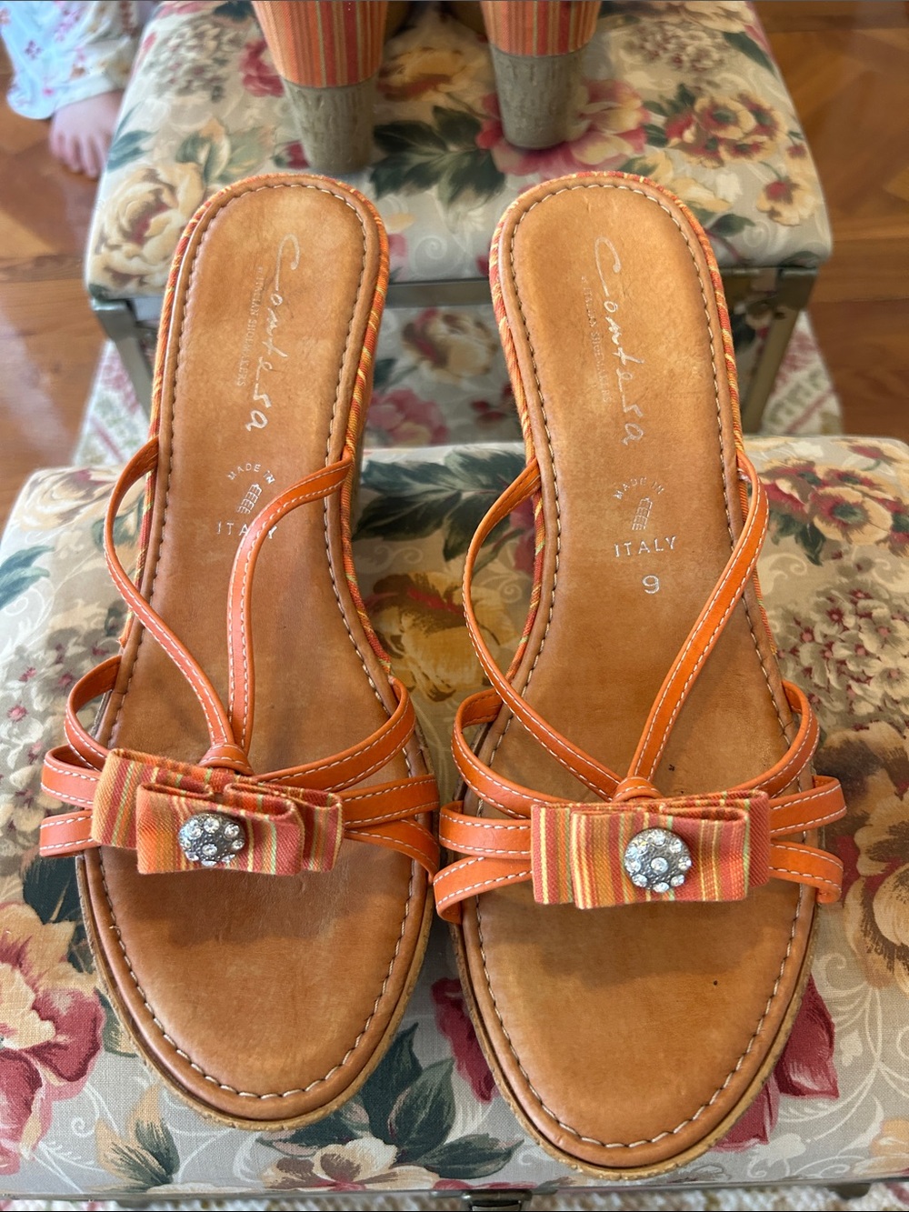 Orange Strappy Italian Bow cork heel Sandals - Size 9/40